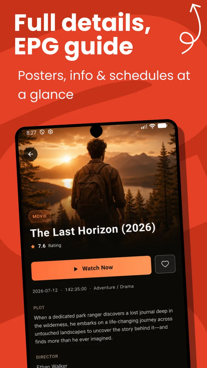 Phone — movie details for The Last Horizon with rating, plot and a Watch Now button